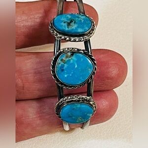 VTG NATIVE AMERICAN NAVAJO sterling 3 Stone Turquoise Cuff Bracelet Sz 5.75